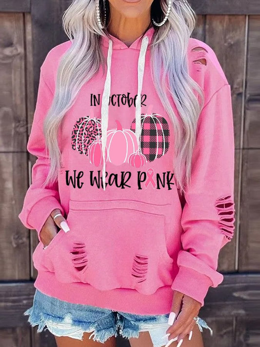Women's In October We Wear Pink Breast Cancer Awareness Pink Pumpkin Hoodie