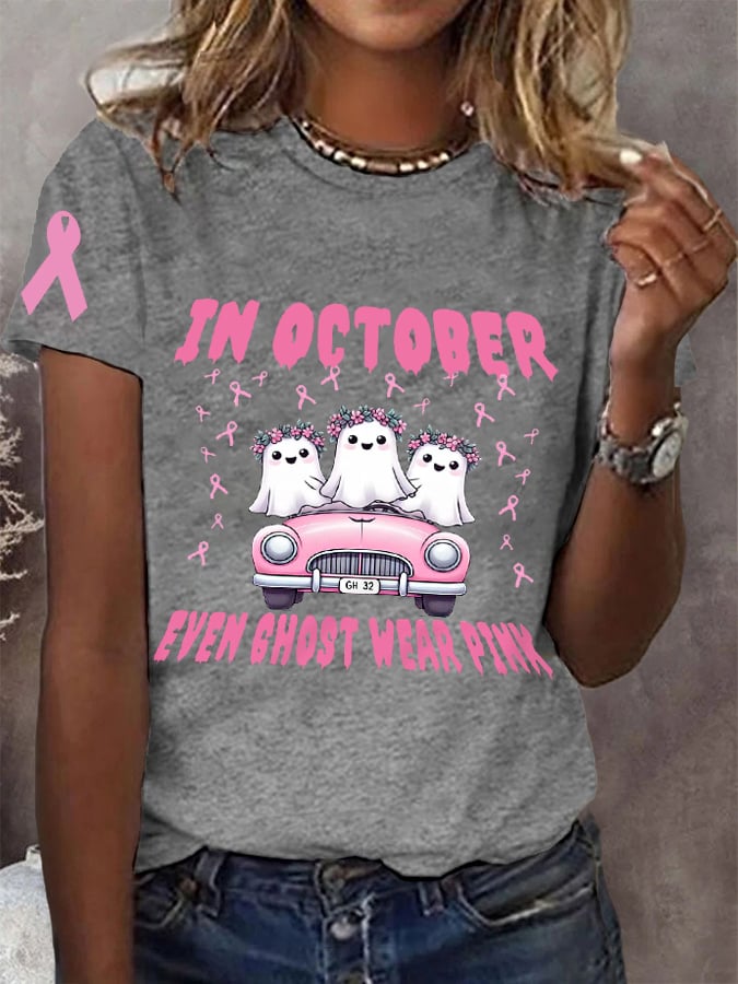 Women's In October Even Ghost Wear Pink Halloween Boo Breast Cancer Awareness Warrior Tee
