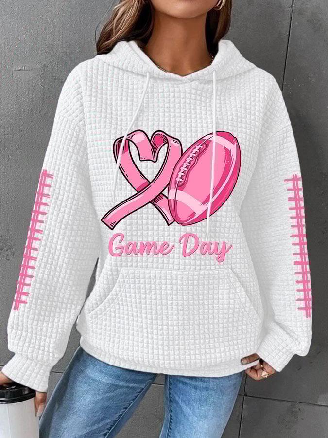 Women's Pink Ribbon Tackle Breast Cancer Football Gameday Waffle Hoodie