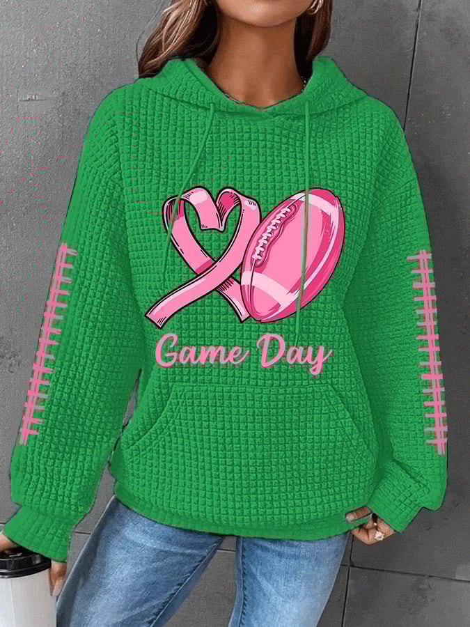 Women's Pink Ribbon Tackle Breast Cancer Football Gameday Waffle Hoodie