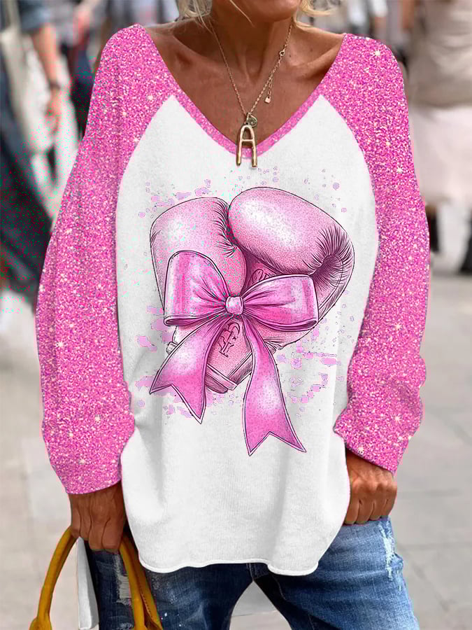 Women's Breast Cancer With Boxing Gloves Print Breast Cancer Awareness V-Neck Top