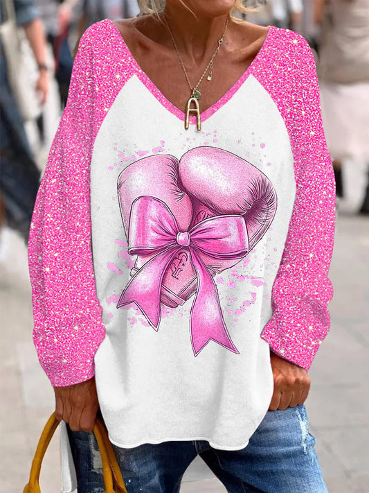 Women's Breast Cancer With Boxing Gloves Print Breast Cancer Awareness V-Neck Top