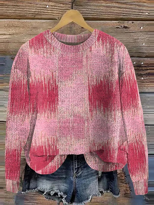 Knitted Women's Breast Cancer Print Crew Neck Sweater