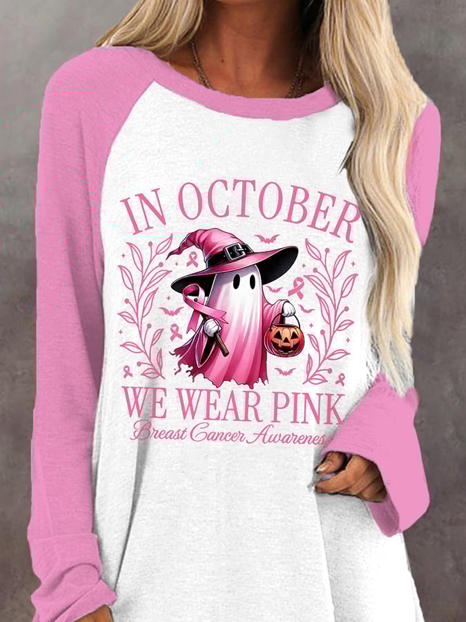 Women's In October We Wear Pink Halloween Ghost Breast Cancer Awareness Warrior Long-Sleeve Top