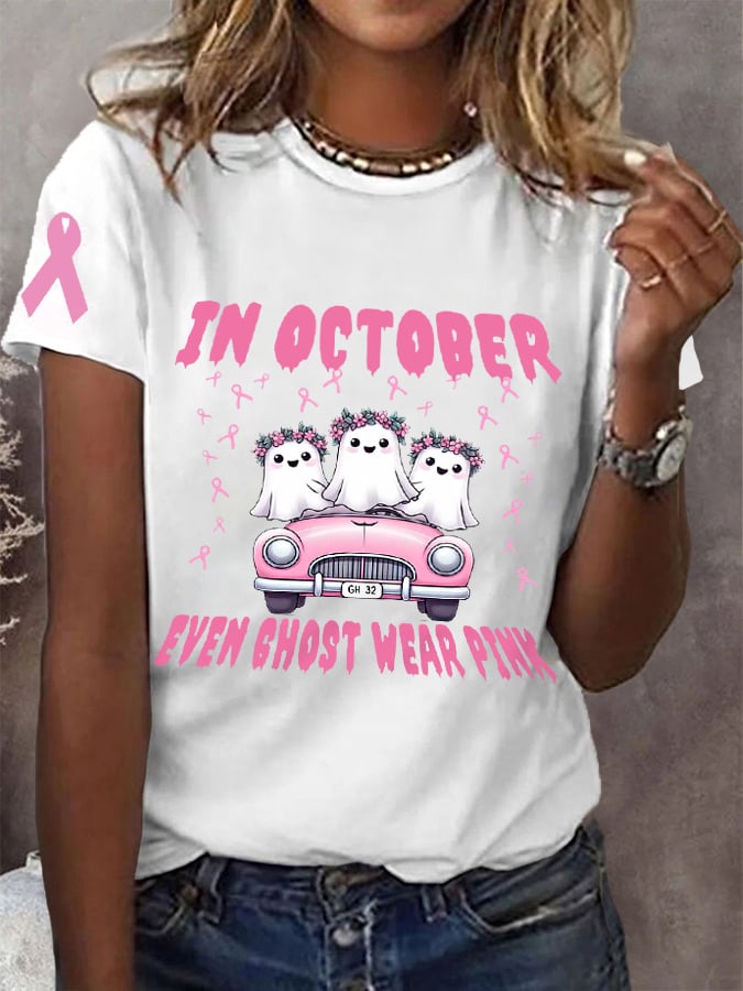 Women's In October Even Ghost Wear Pink Halloween Boo Breast Cancer Awareness Warrior Tee