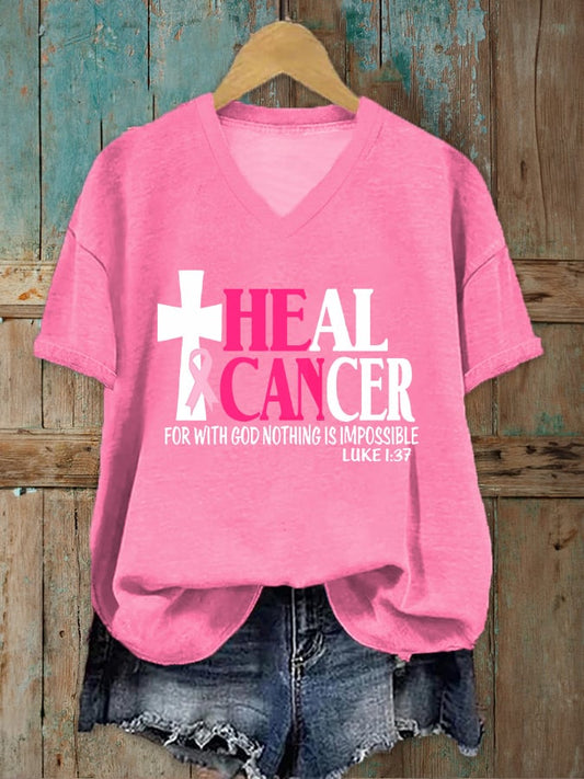 Women's Breast Cancer Awareness HEAL CANCER V-Neck T-Shirt