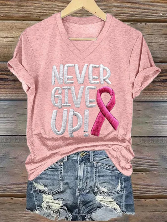 Women'S Never Give Up Pink Ribbon Breast Cancer Awareness Print Shirt