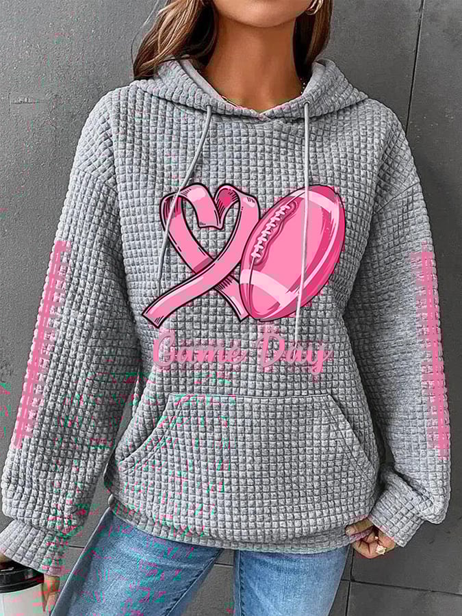 Women's Pink Ribbon Tackle Breast Cancer Football Gameday Waffle Hoodie