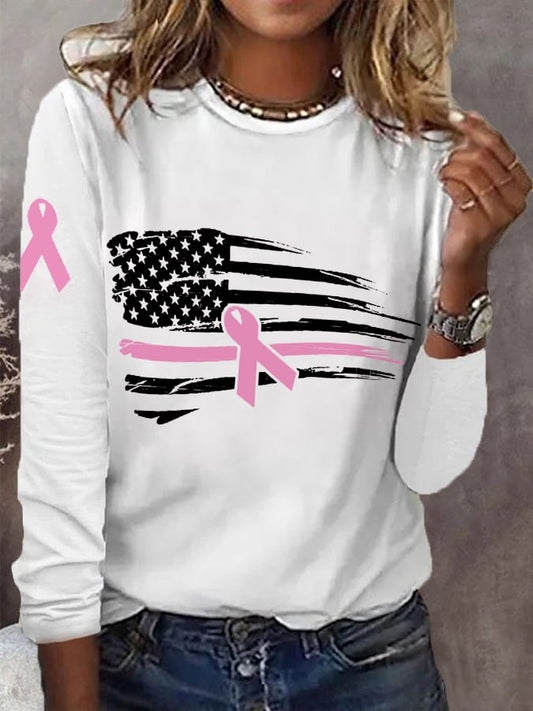 Women's Pink Ribbon American Flag Breast Cancer Awareness Warrior Long-Sleeve T-Shirt