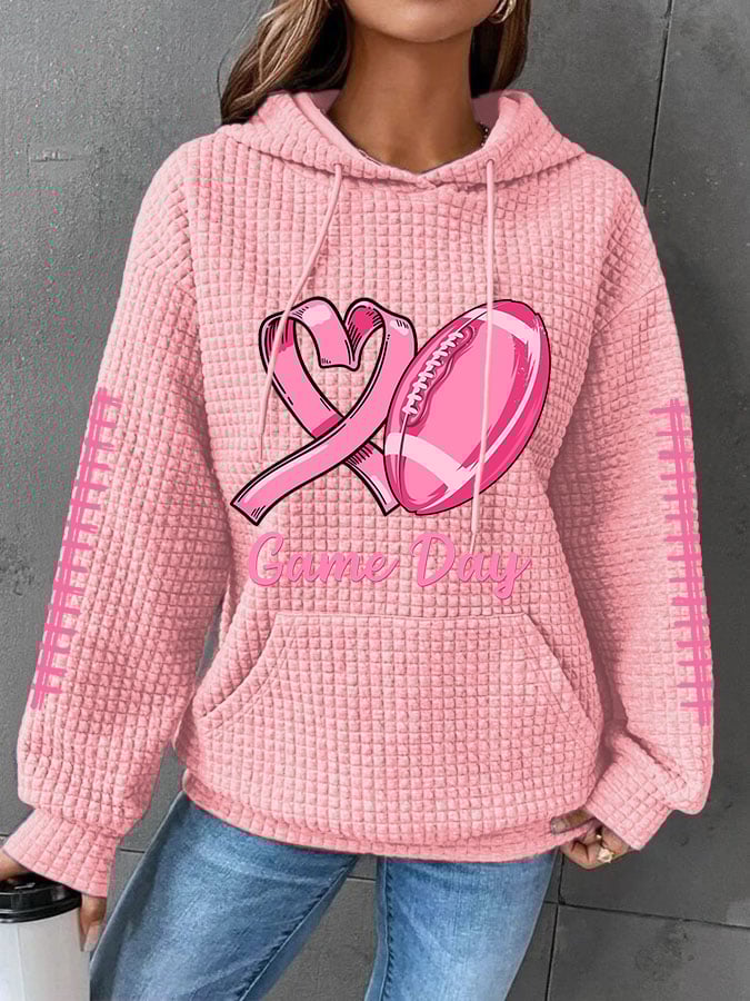 Women's Pink Ribbon Tackle Breast Cancer Football Gameday Waffle Hoodie
