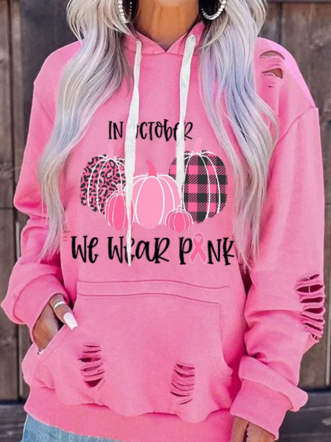 Women's In October We Wear Pink Breast Cancer Awareness Pink Pumpkin Hoodie