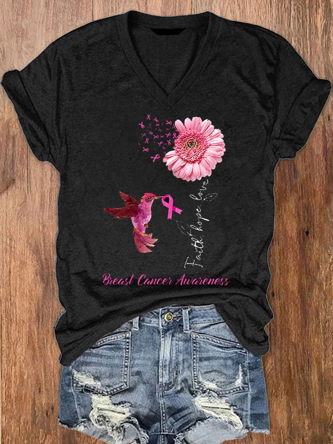 Women's Daisy Faith Hope Love Breast Cancer Awareness T-Shirt