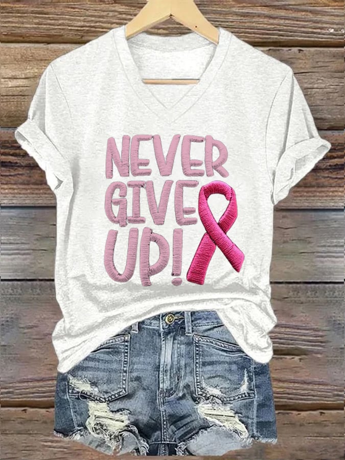 Women'S Never Give Up Pink Ribbon Breast Cancer Awareness Print Shirt