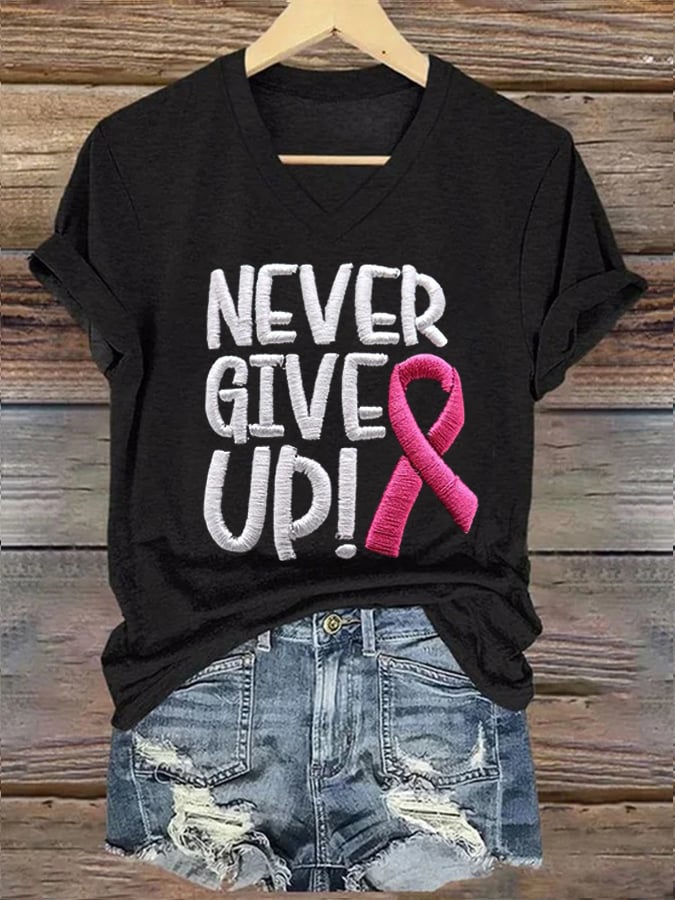 Women'S Never Give Up Pink Ribbon Breast Cancer Awareness Print Shirt