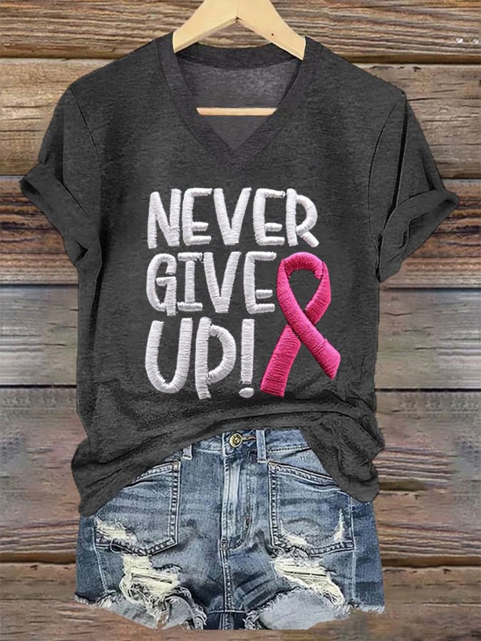 Women'S Never Give Up Pink Ribbon Breast Cancer Awareness Print Shirt