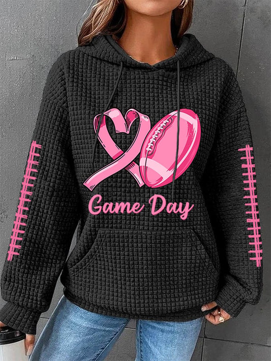 Women's Pink Ribbon Tackle Breast Cancer Football Gameday Waffle Hoodie