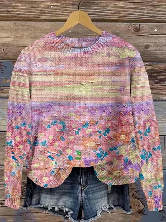 Knitted Women's Breast Cancer Print Crew Neck Sweater