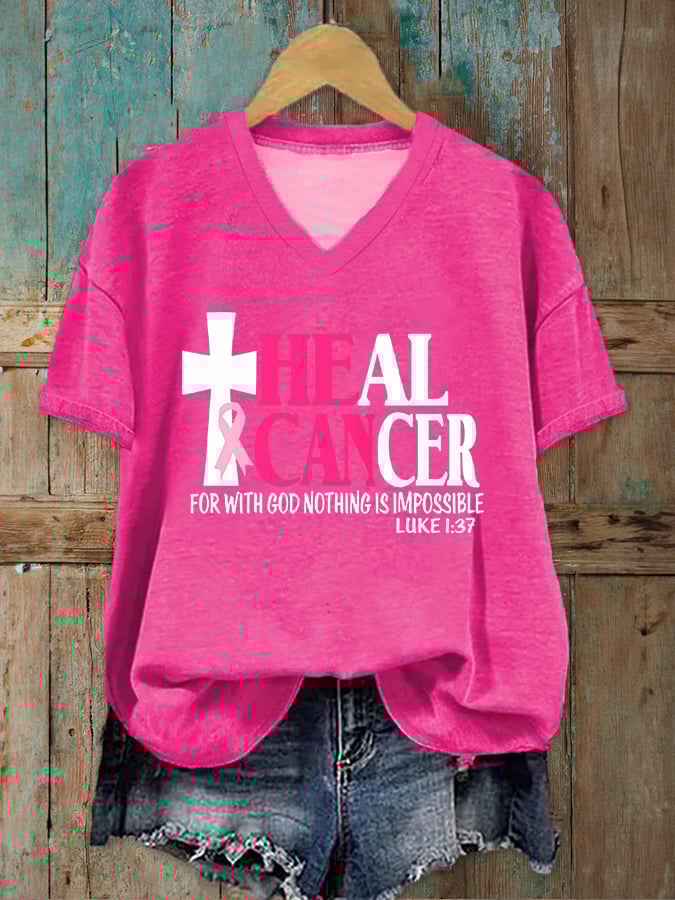 Women's Breast Cancer Awareness HEAL CANCER V-Neck T-Shirt