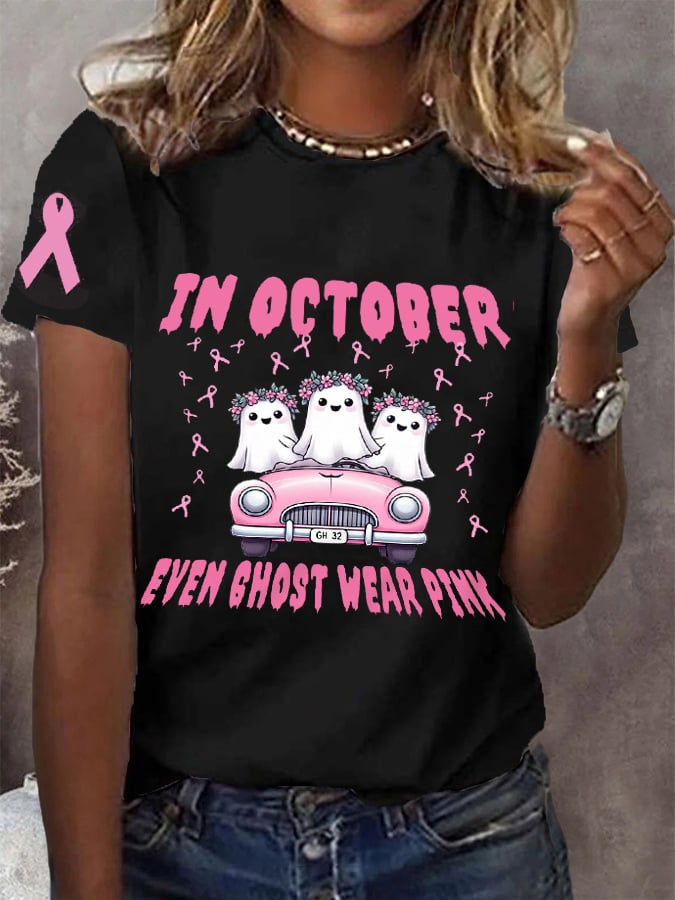 Women's In October Even Ghost Wear Pink Halloween Boo Breast Cancer Awareness Warrior Tee