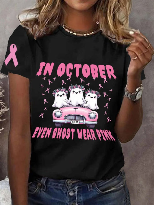 Women's In October Even Ghost Wear Pink Halloween Boo Breast Cancer Awareness Warrior Tee