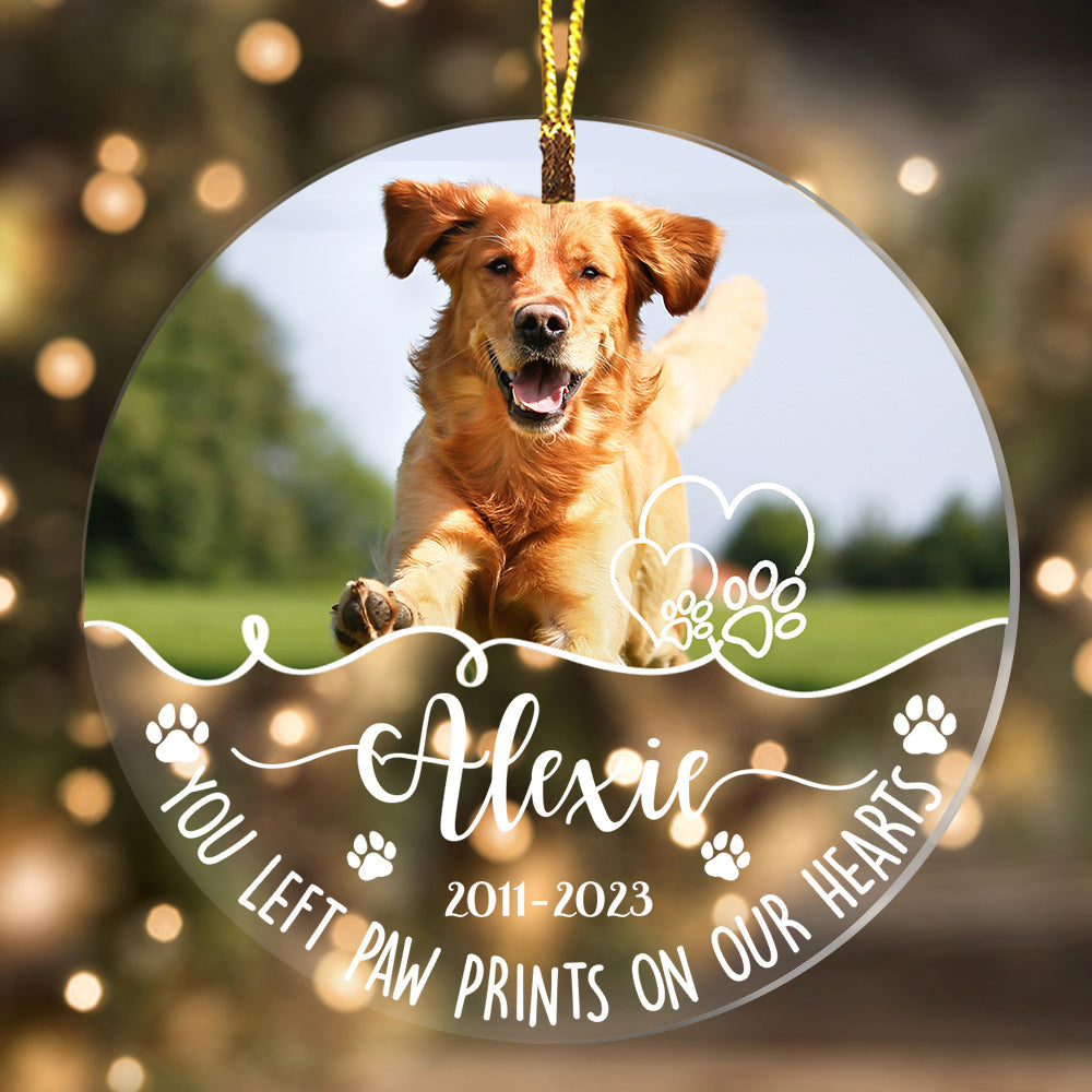 You Left Paw Prints On Our Hearts - Custom Photo And Name, Personalized Acrylic Ornament - Gift For Pet Lover