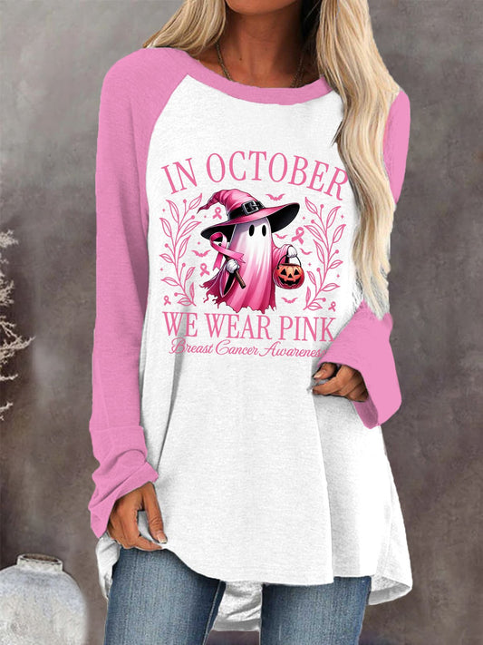 Women's In October We Wear Pink Halloween Ghost Breast Cancer Awareness Warrior Long-Sleeve Top