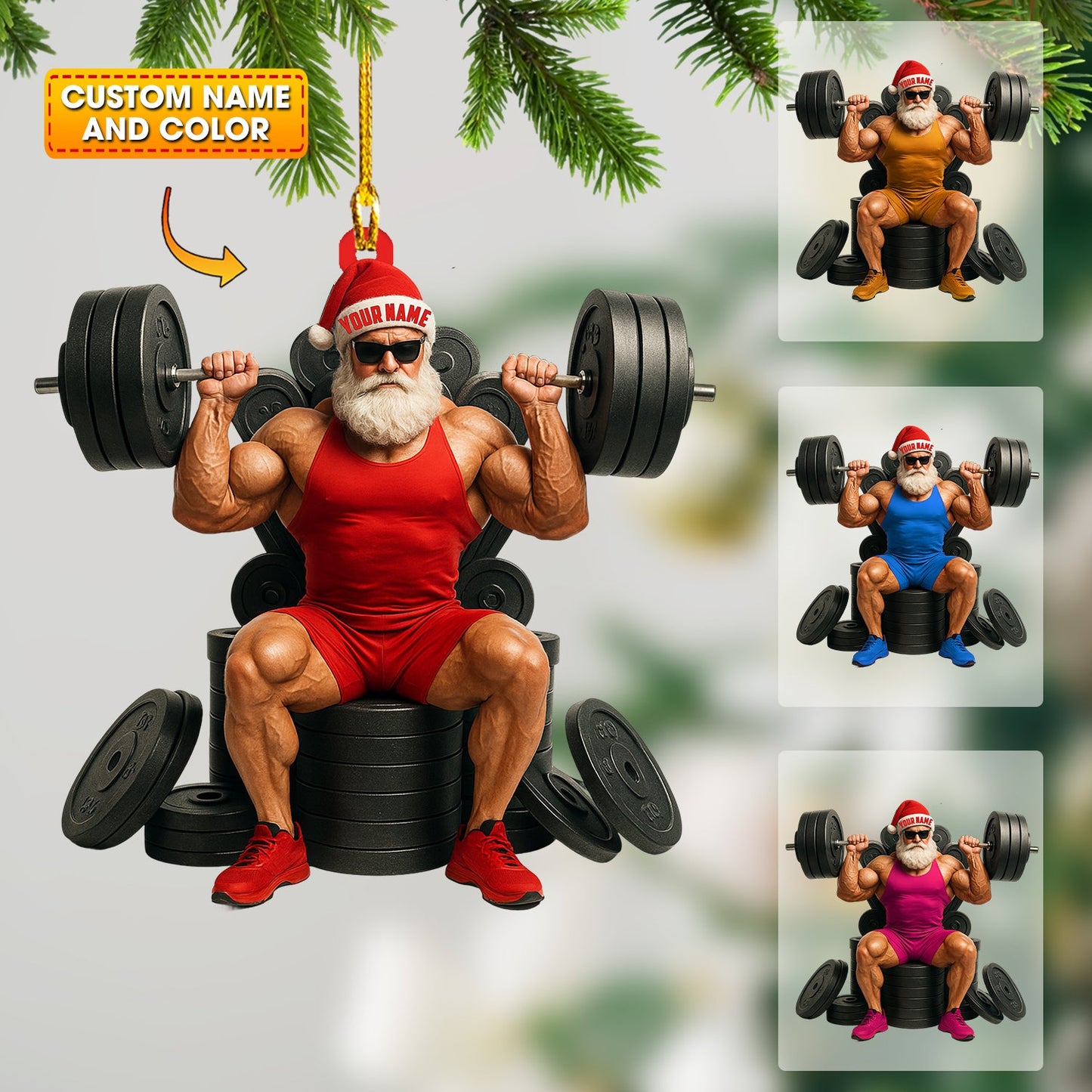 Weightlifting Santa, Home Decor, Christmas Ornament, Personalized Ornament