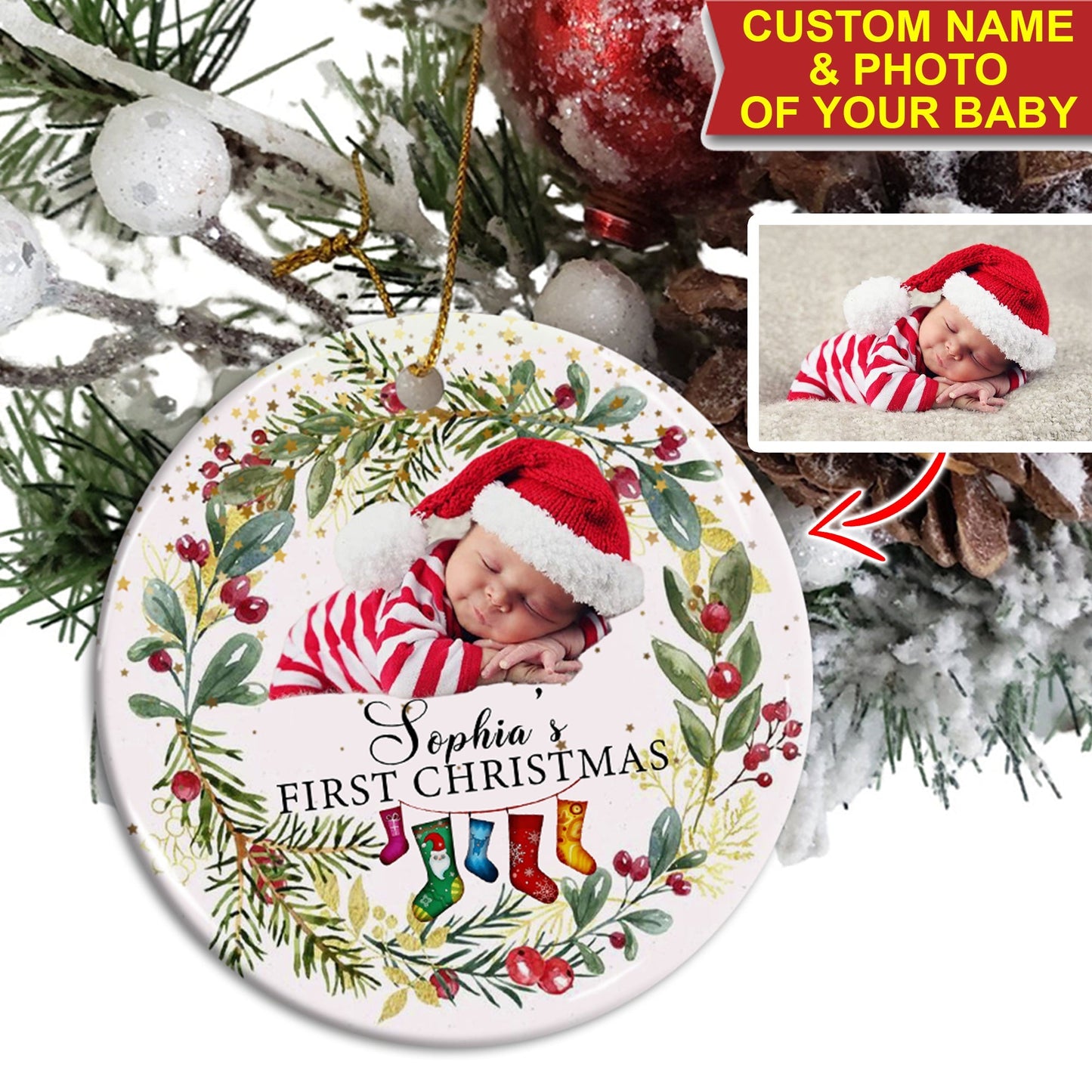 Baby's First Christmas - Personalized Photo And Name Ceramic Ornament - Gift For Christmas, Gift For Family