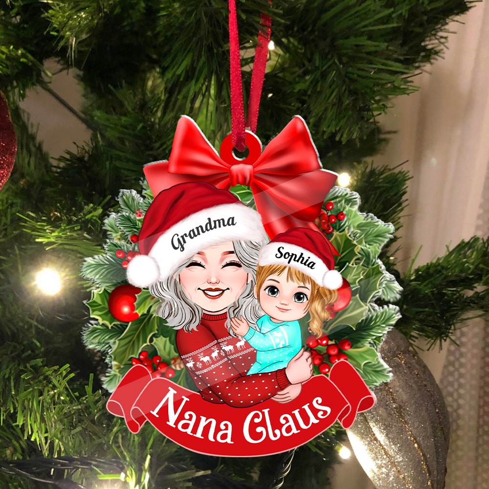 Nana Claus, Grandma And Kid Christmas Decor - Personalized Acrylic Ornament - Gift For Family