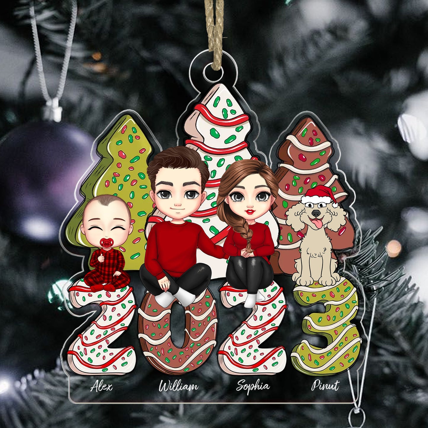 Family And Christmas Tree With Baby and Dog, Merry Christmas 2023 - Personalized Acrylic Ornament - Gift For Family, Xmas Gift