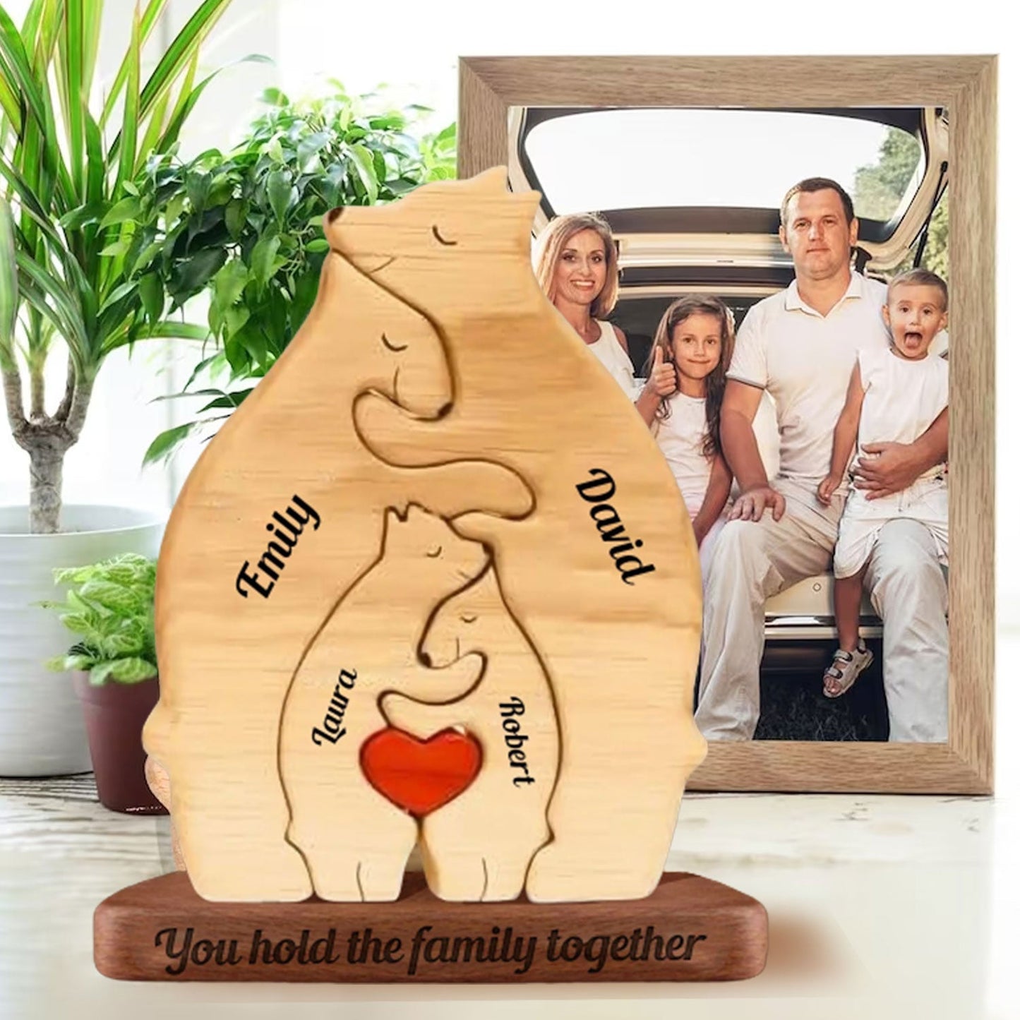 Personalized Bear Family Puzzle Wooden Add Base - Wooden Pet Carvings, Gift For Family, Gift For Couple