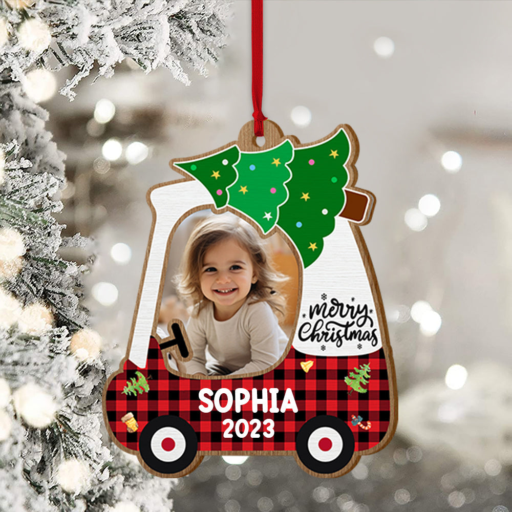 Merry Christmas Kid On Car, Custom Photo And Text - Personalized Custom Shaped Wooden Ornament - Christmas Gift For Family