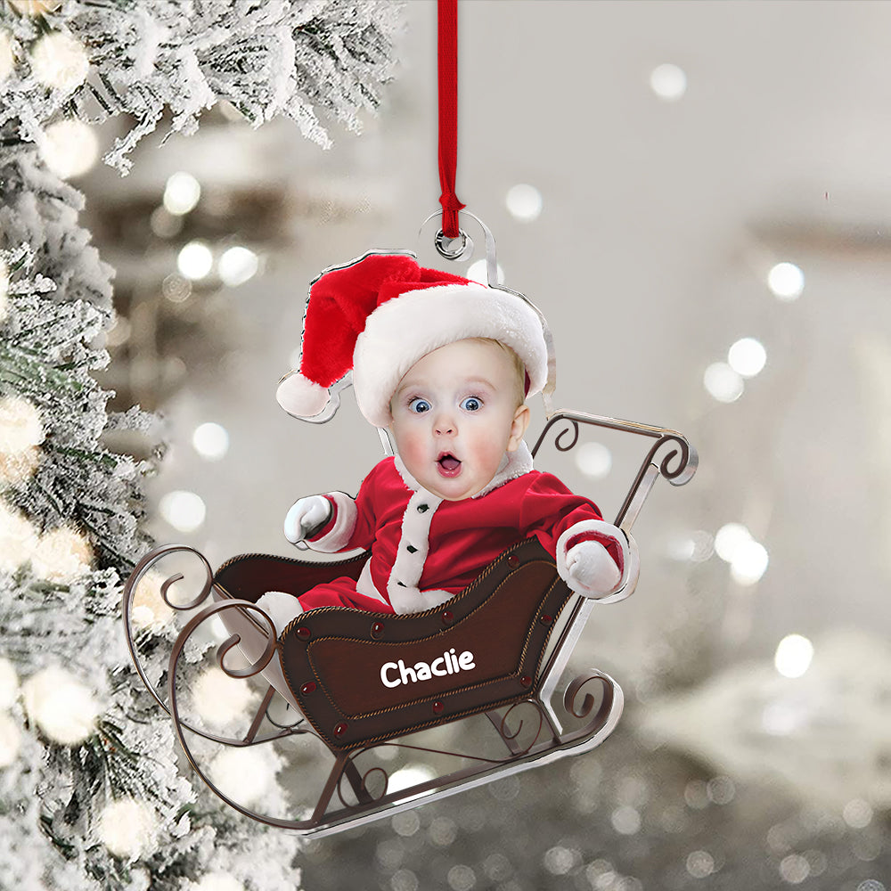 Baby In Christmas Sleigh - Custom Photo And Name, Personalized Acrylic Ornament - Gift For Christmas, Family Gift