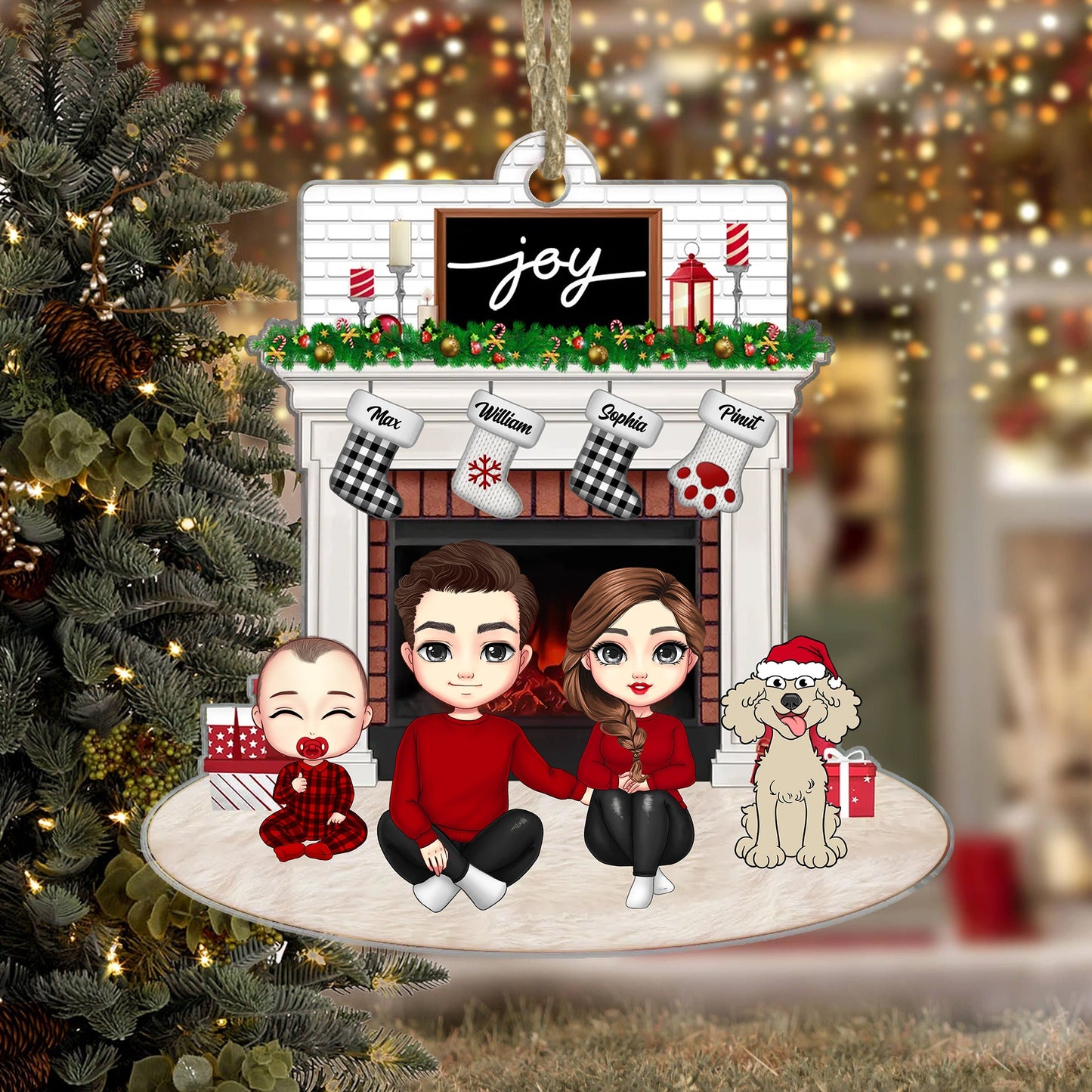 Joy Christmas Family By The Fireplace - Personalized Acrylic Ornament - Gift For Family, Xmas Gift