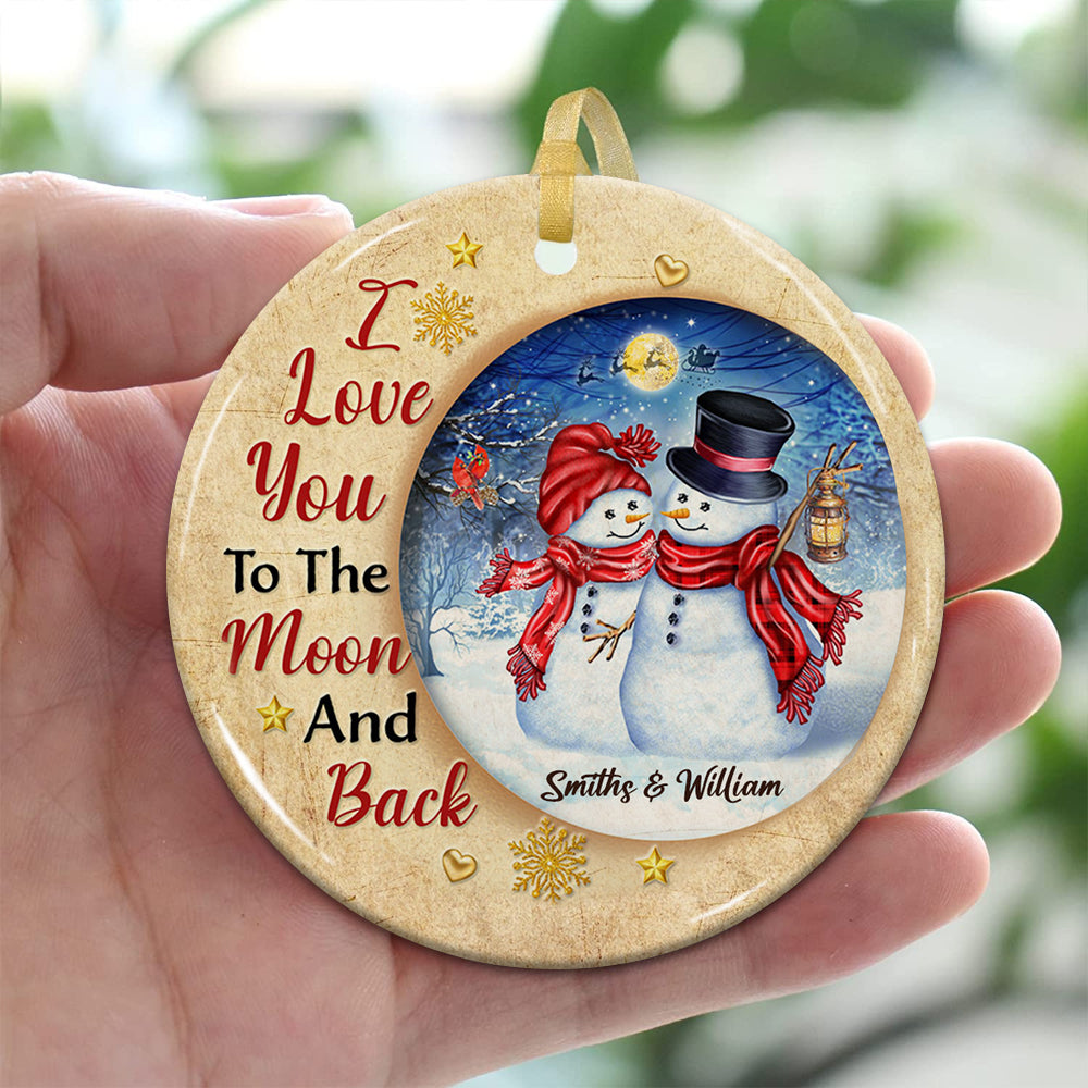 I Love You To The Moon And Back, Snowman - Custom Photo And Names- Personalized 2 Sides Ceramic Ornament - Gift For Family, Memorial Gift